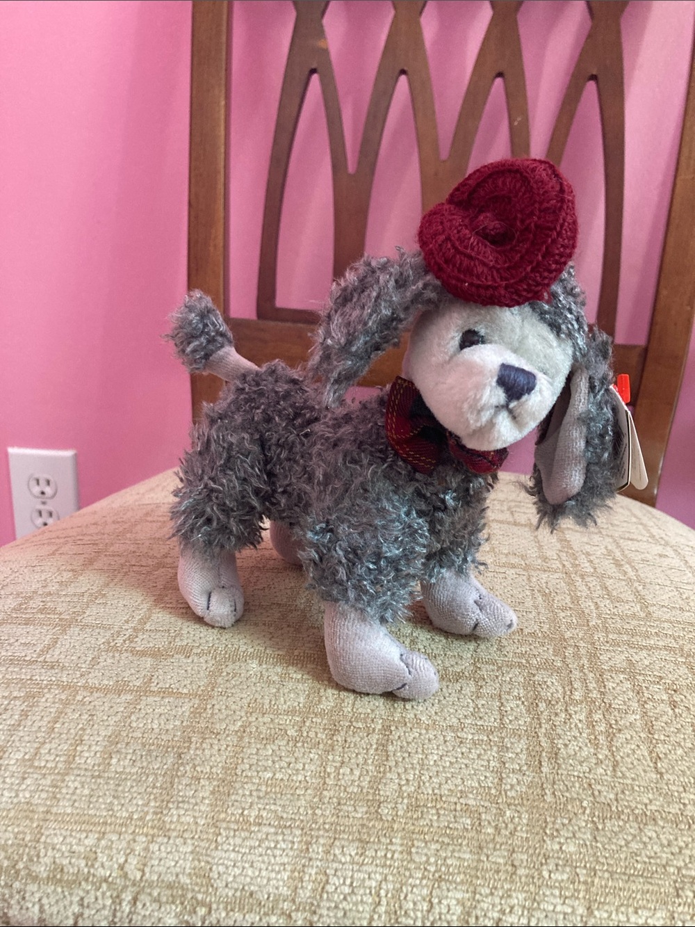 Ty Plush Poodle Dog Toy in Gray with Burgundy Hat